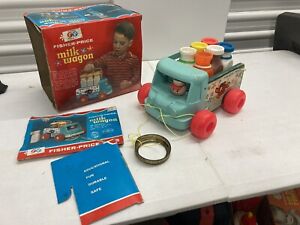 Vintage 1965 Fisher Price Milk Wagon #131 Pull Toy Wood Truck With Box