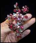Schreiner (Signed) Red, Pink and Aurora Borealis Crystals Floral Spray Pin