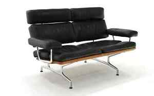 New ListingEames Herman Miller Black Leather 2 Seat Sofa Sette, Chrome Teak Chair Vintage