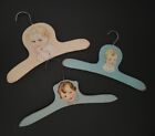 Vintage Lot 3 Wood Baby/Doll Clothes Hangers Blue 2 Girl's Face 1 Boy’s Painted