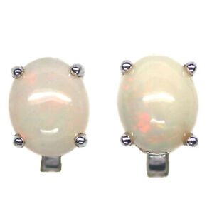 9 X 11 mm. White Rainbow Opal Earrings Silver 925 Sterling White Gold Plated