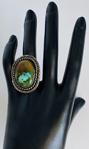Huge Old Pawn Navajo Sterling Silver Turquoise Hand stamped ring size 8