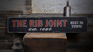 The Rib Joint, Custom Est Date, BBQ - Rustic Distressed Wood Sign