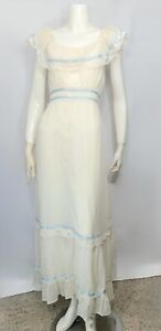 Vtg 70s Cream Prairie Dress Ruffle Shoulder Blue Ribbon Boho Edwardian Wedding