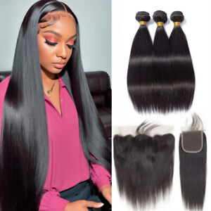Straight Human Hair Bundles with Closure 13*4 Lace Frontal Remy Hair Extensions