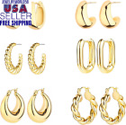 6 Pairs 14K Gold Hoop Earrings for Women Lightweight Chunky Hoop Earrings Multip