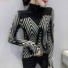 Korean Women Striped Colorblock High Neck Slim Fit Pullover Tops T Shirt Blouse