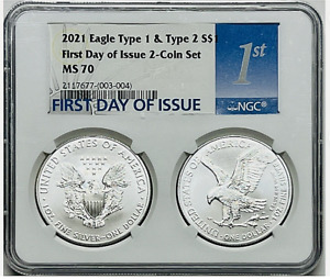 2021 Type 1 and Type 2 Silver Eagle 2-Coin Set NGC MS70 FDI T1 & T2 Label