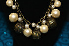 Chunky Pearl Brass Bead Boho Necklace Round Gold Chain Patina Mix Bead Vintage