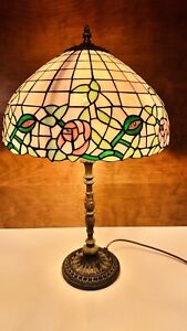 Vintage Tiffany Style Stained Slag Glass Cast Iron Base Table Lamp 22