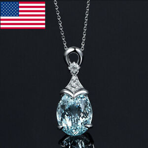 Women 925 Silver Aquamarine Gemstone Pendant Necklace Valentine's Day Gift HOT