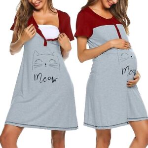 Maternity Sleeve Dress Short Print Pajamas Nursing Nightdress Breastfeeding New