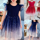 Kid Girls Knee Length Round Neck Short Sleeve Flying Sleeve Dress Party Gowns US