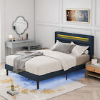 New ListingQueen Size Bed Frame with Headboard & LED Lights Upholstered Platform Bed New