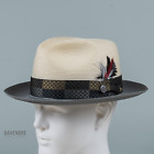 Stetson Andover Florentine Milan Two Tone Fedora Straw Hat Mens 7 1/4 Ivory Gray