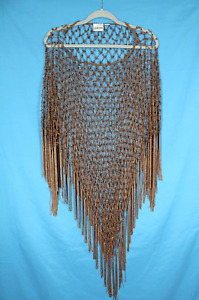 VTG CHICO'S Brown OPEN WEAVE NET Sequin FRINGED Pullover PONCHO/TOPPER Sz OZ