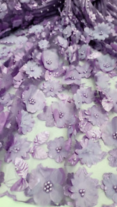 3D Floral Lavender Embroidery Pearls On Mesh Lace Sold By The Yard Prom 3d Lace