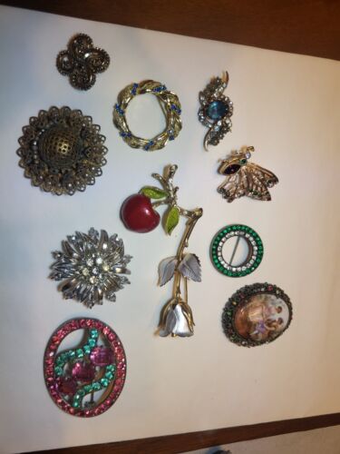 Lot of 11 Vintage Brooches Costume Jewelry Some Signed Some Not