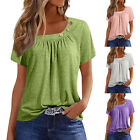 Womens Tops Tees Solid Color Round Neck Short Sleeve Button Blouses Summer