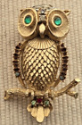 Vintage Coro Signed Owl Brooch Pin Enamel Flower Green Crystal Eyes Gold Tone