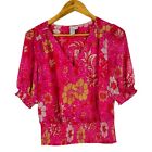 Joie Chiffon Smocked Blouse Top Medium Pink Tropical Floral Short Sleeve