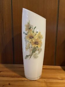 New ListingVintage White Vase Sunflowers Motif 11” Slanted Top Thin Glass Unbranded