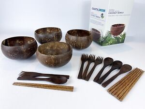 Set of 4 Coconut Bowls, Spoons, and Chopsticks 100% Natural
