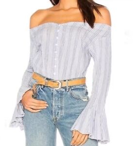Free People March To The Beat Top Small Blue Stripe Off Shoulder Button Up Bell