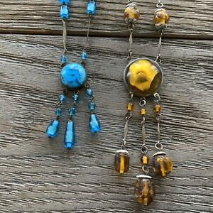 Antique Czech Yellow & Blue Foiled Round Glass Dangle Teardrop Glass Necklaces 2