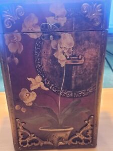 Antique Ornate Wood Painted Orchid Storage Box Sewing Box Rare GW Find Old damag