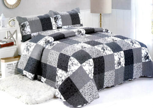 King Quilt Set 3 PC Black & White Patchwork Bedspread Reversible & Match Shams