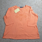 Susan Graver 3X Top Orange Embroidered Clear Beads Stretchy Casual Comfort QVC