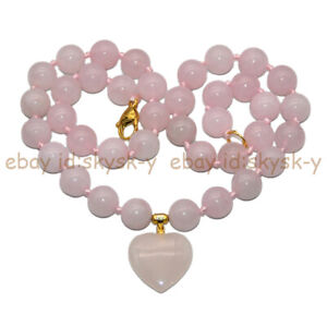 Natural Pink Rose Quartz 6/8/10/12mm Round Beaded Heart-shaped Pendant Necklace