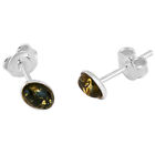 925 Solid Pure Sterling Silver Green Real Baltic Amber Oval Small Stud Earrings