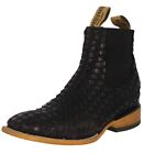 Mens Black Cowboy Chelsea Ankle Mid Boots Woven Braided Leather Botas Vaquero