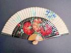 Vintage hand painted folding fan, Japanese style, bamboo, black lacquer, 16