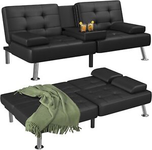 Sofa Bed Modern 2 Cup Holders Folding Futon Set Faux Leather Flamaker