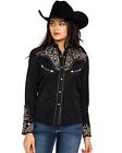 Scully Women's Scroll Embroidered Long Sleeve Pearl Snap Western Shirt Black/tan