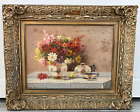 Antique Still Life Oil Painting Floral Bouquet with China Tea Set on Wood Board
