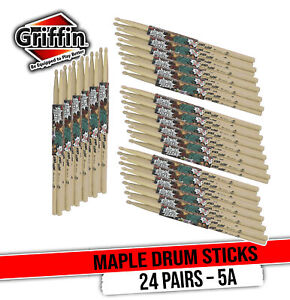 24 Pair Pack- 5A Drum Sticks Maple Wood by GRIFFIN Percussion Practice Drumming
