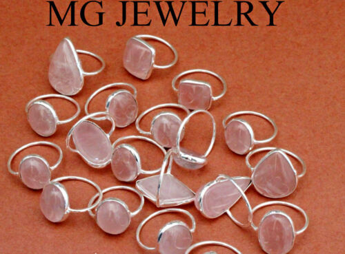 30 Pcs Natural Rose Quartz Gemstone Bezel Rings Lot .925 Silver Plated