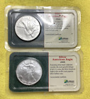 Lot 2: 2002, 2005 ASE American Silver Eagles BU Littleton Package 1 Oz .999 Fine