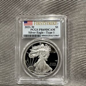 New Listing2021 W PROOF SILVER EAGLE PCGS PR69 DCAM FLAG FIRST STRIKE LABEL TYPE 1