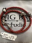 King Baby Thin Braided Red Leather With Hamlet Skulls Double Wrap Bracelet