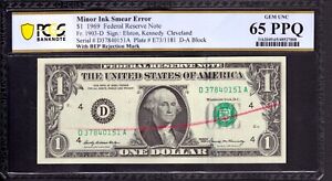 New Listing1969 $1 FRN CLEVELAND INK SMEAR ERROR WITH BEP REJECTION MARK PCGS GEM 65 PPQ