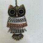 Owl Necklace Chain Long Articulated Mixed Metal Gold Silver Copper Tone Textured