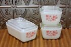 3 Pyrex Refrigerator Dishes Gooseberry Pink On White (2)501 & 502 W/Lids Vtg.