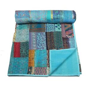 USA King Size  Turquoise Patchwork Kantha Bedspread Quilt Throw silk Blanket
