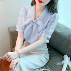 Elegant Korean Women Bow Tie Beaded Chiffon Casual Workwear Tops Blouse Shirts