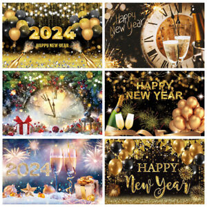 2024 Happy New Year Backgrounds Photography Firework Bokeh Glass Clock Backdrop